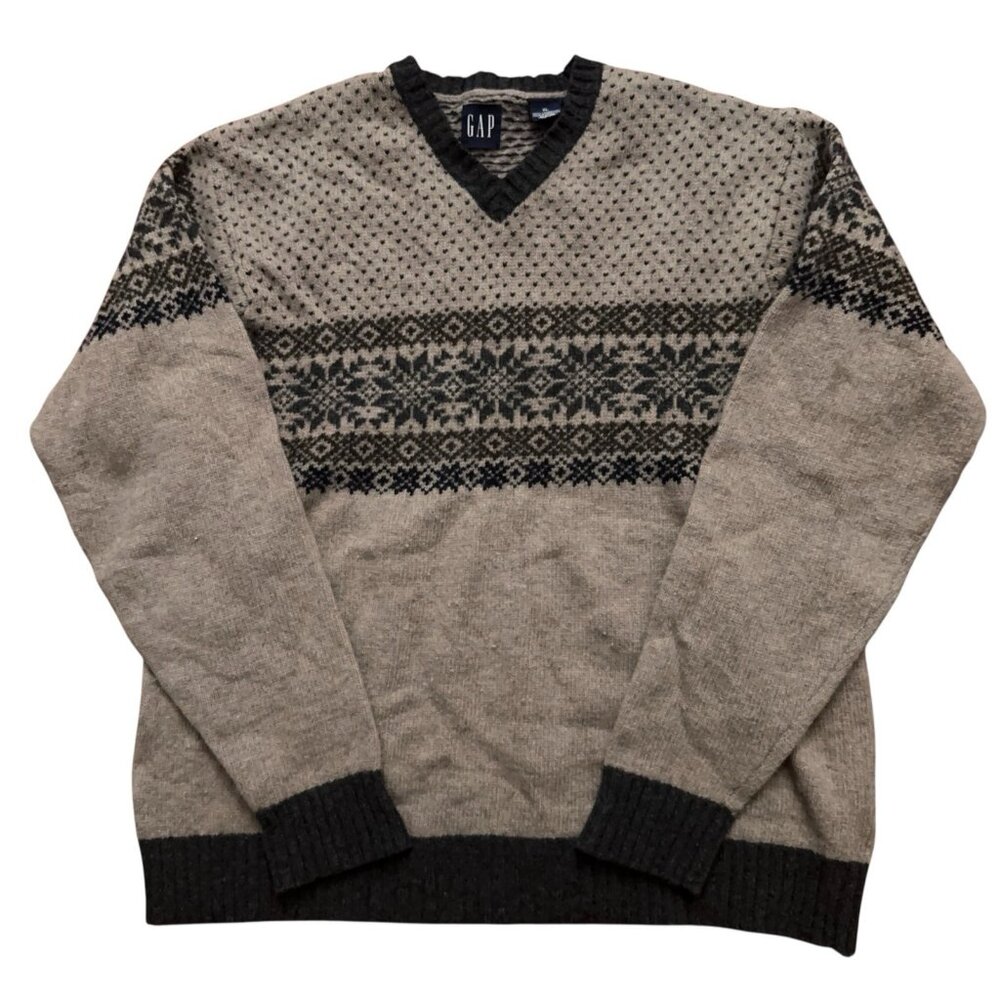 Gap Sweater Mens Size XL (Fits M) 100% Lambswool V-Neck Snowflake Beige VTG Y2K